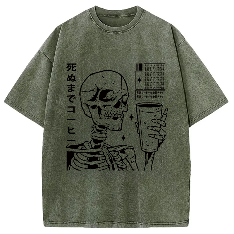 Modecanvas Japanese Skeleton Coffee DTG Printing Washed T-Shirt-modecanvas