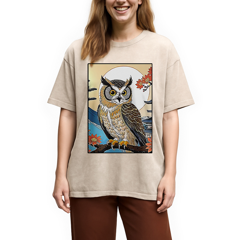 Modecanvas Owl Ukiyo-e Washed T-Shirt