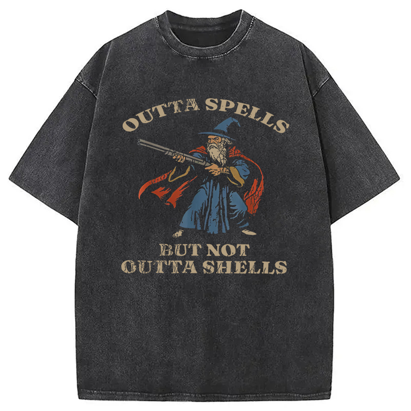 Modecanvas Outta Spells But Not Outta Shells Wizard Fantasy Meme DTG Printing Washed T-Shirt