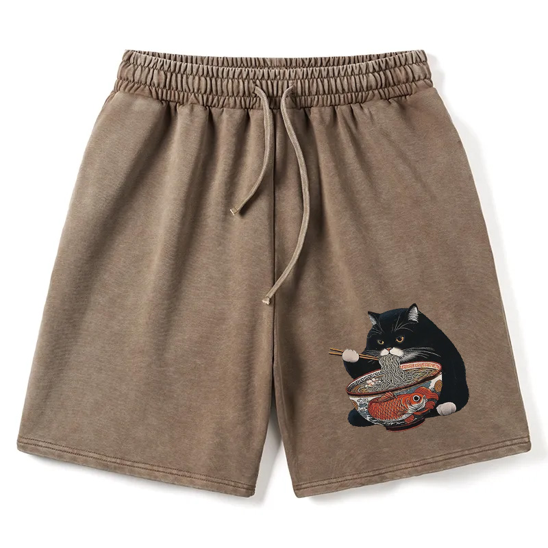Modecanvas Fat Cat Eating Ramen Washed Short