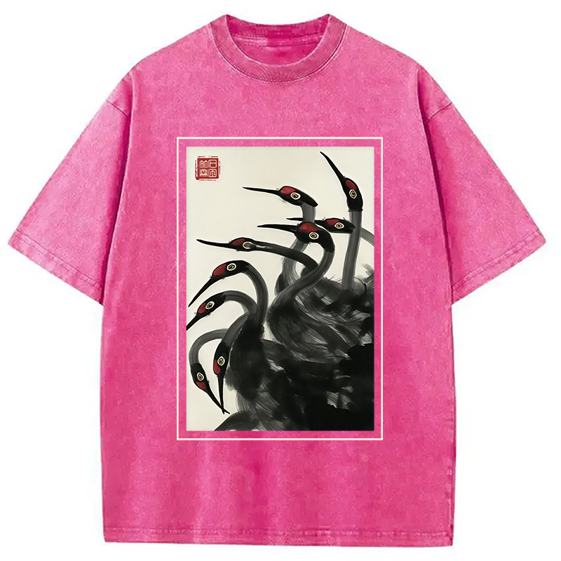Modecanvas Retro Red Crowned Crane Washed T-Shirt