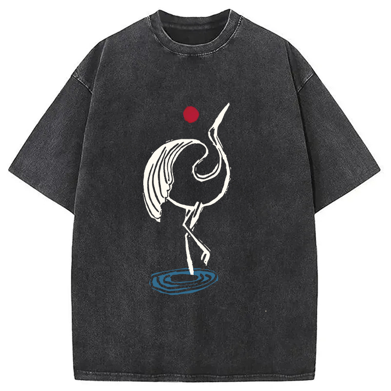 Modecanvas Japanese Crane Linocut DTG Printing Washed T-Shirt-modecanvas