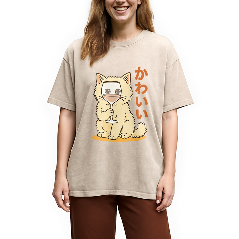 Modecanvas Kawaii Cat with Wine Glass Face Washed T-Shirt