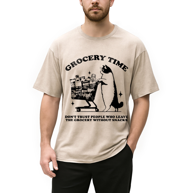 Modecanvas Grocery Time Funny Cat DTG Printing Washed T-Shirt
