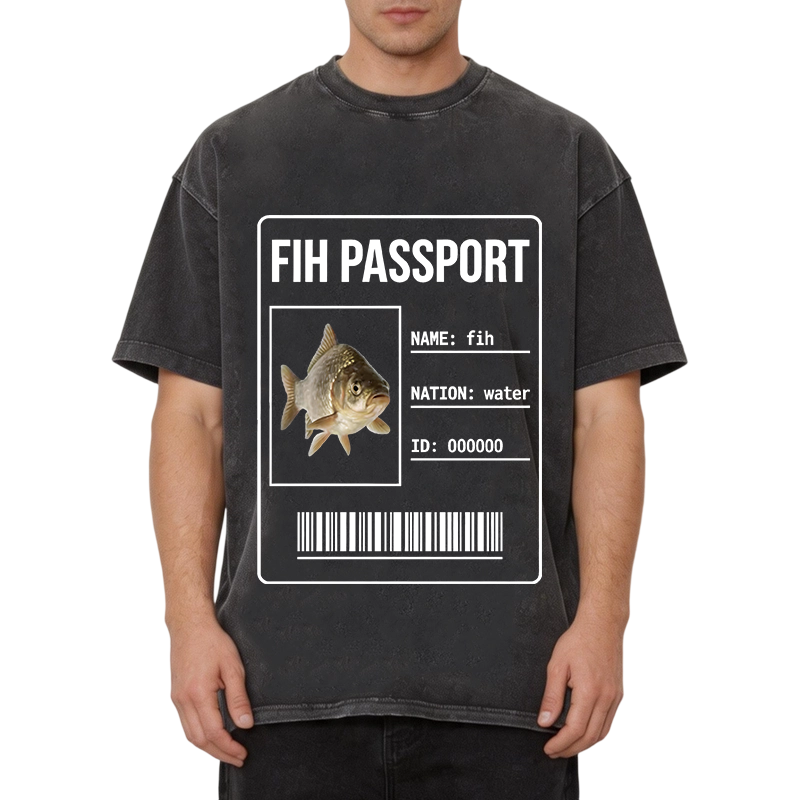 Modecanvas Fih Fish Passport Meme DTG Printing Washed T-Shirt