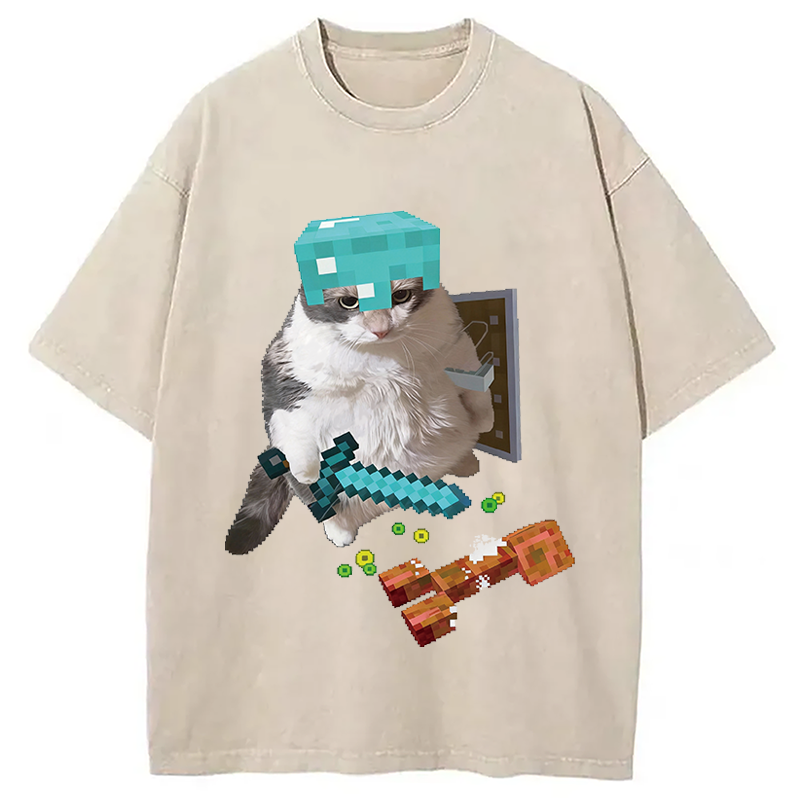 Modecanvas Diamond Armor Cat Creeper Washed T-Shirt
