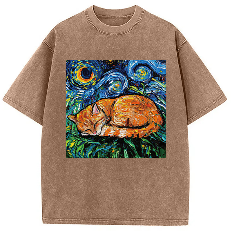 Modecanvas Orange Tabby Night full DTG Printing Washed T-Shirt