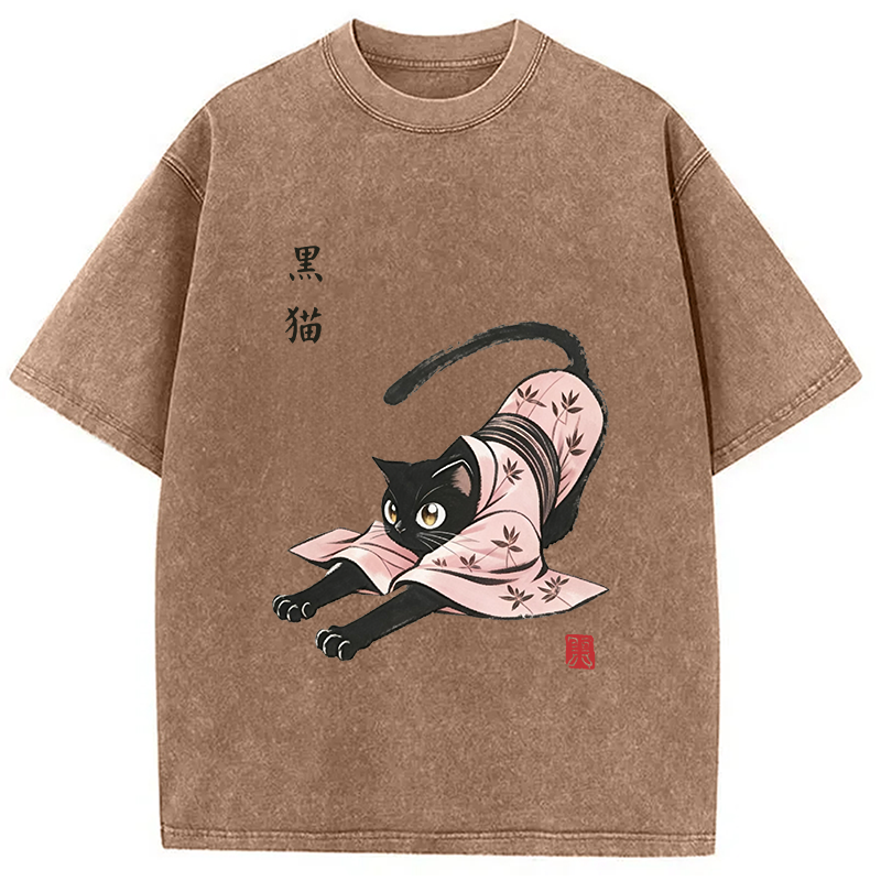 Modecanvas Yoga Black Cat DTG Printing Washed T-Shirt