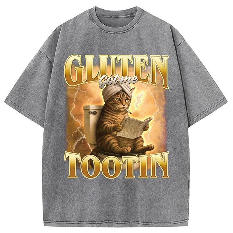 Modecanvas Gluten Got Me Tootin Funny Cat Meme DTG Printing Washed T-Shirt