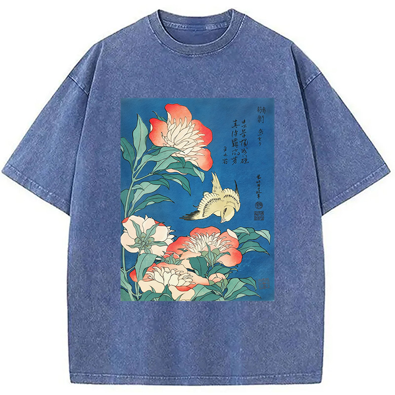 Modecanvas Hokusai Flowers Peonies Bird Washed T-Shirt