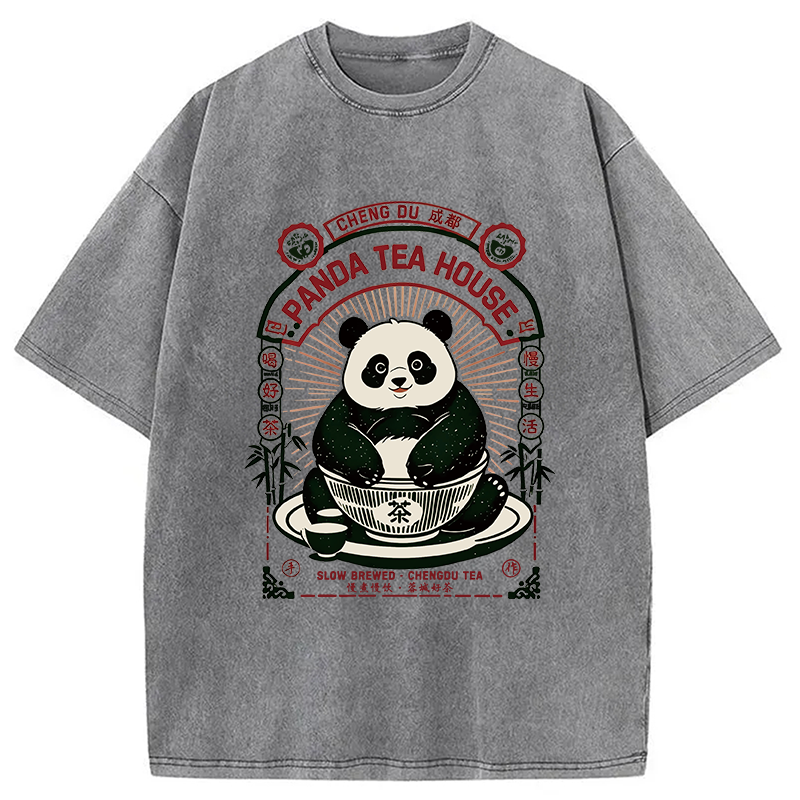 Modecanvas Panda Tea House DTG Printing Washed T-Shirt