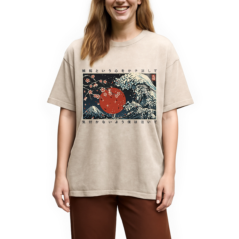 Modecanvas Great Wave Off DTG Printing Washed T-Shirt-modecanvas