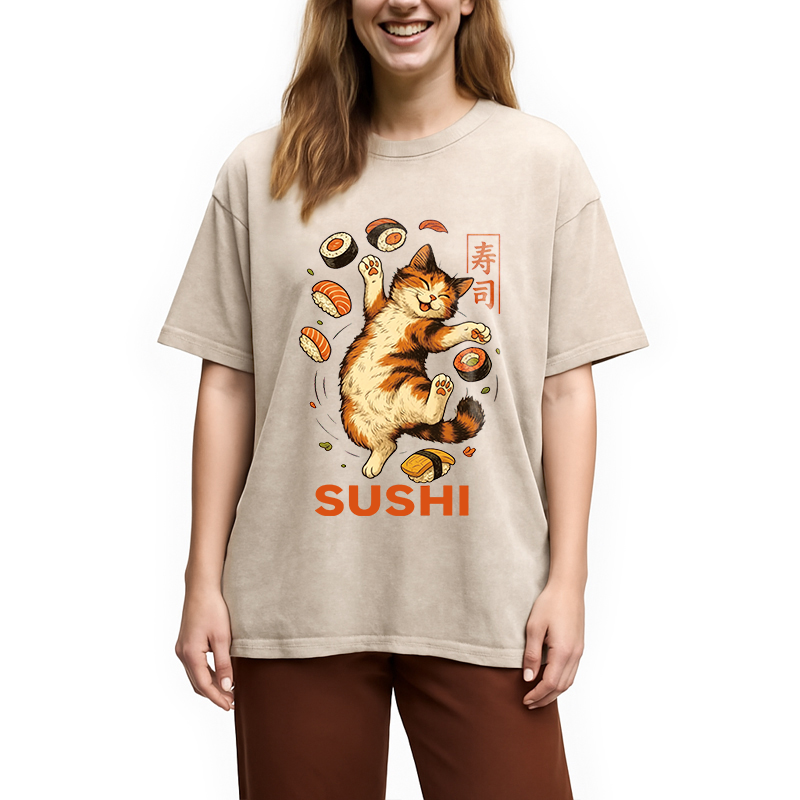 Modecanvas Funny Sushi Cat DTG Printing Washed T-Shirt