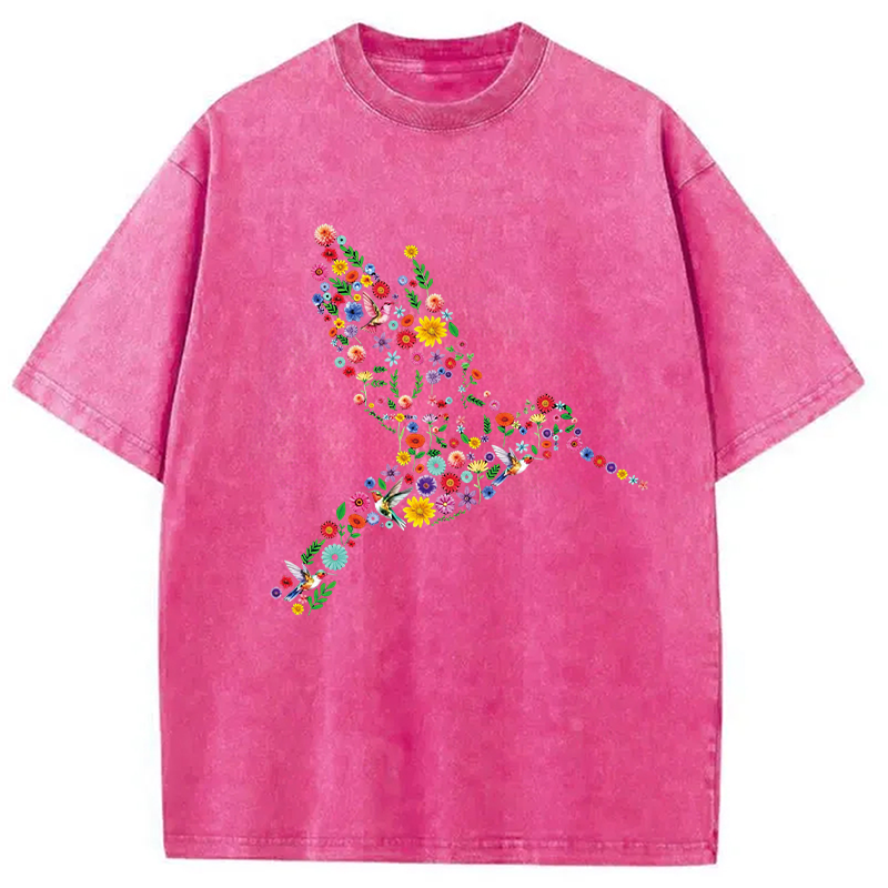 Modecanvas Floral Hummingbird DTG Printing Washed T-Shirt