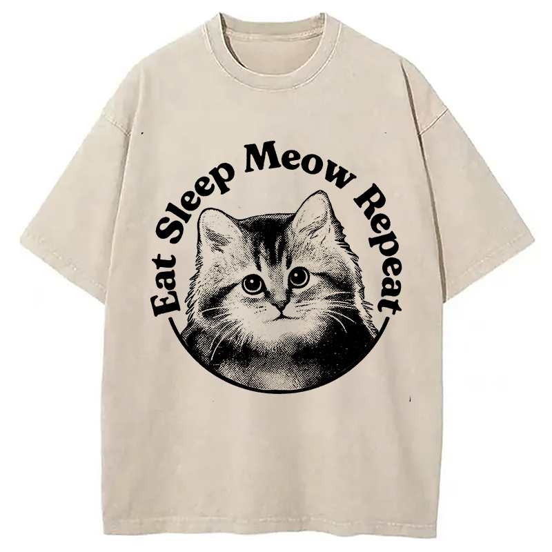 Modecanvas Eat Sleep Meow Repeat DTG Printing Washed T-Shirt