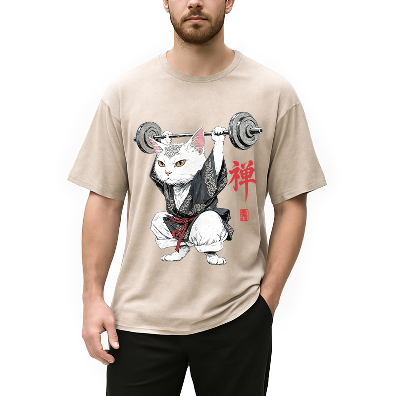 Modecanvas Zen Samurai Cat Weightlifter DTG Printing Washed T-Shirt