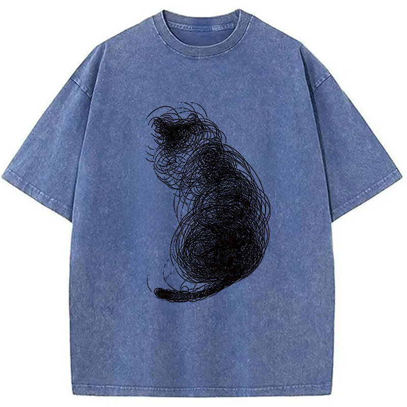 Modecanvas Chaotic Line Art Of A Curled Cat DTG Printing Washed T-Shirt