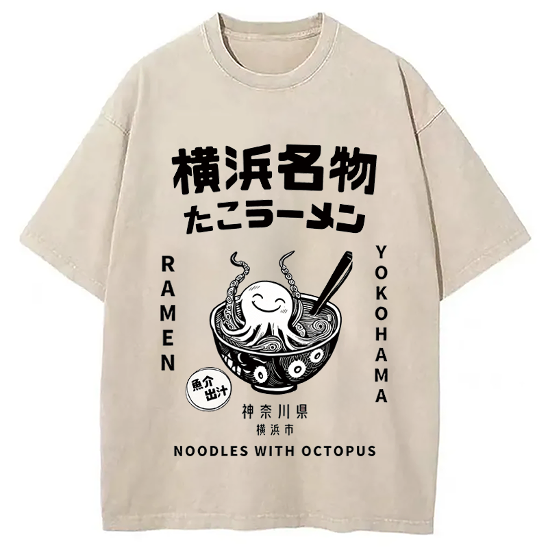 Modecanvas Japanese Kanji Art Octopus Ramen DTG Printing Washed T-Shirt