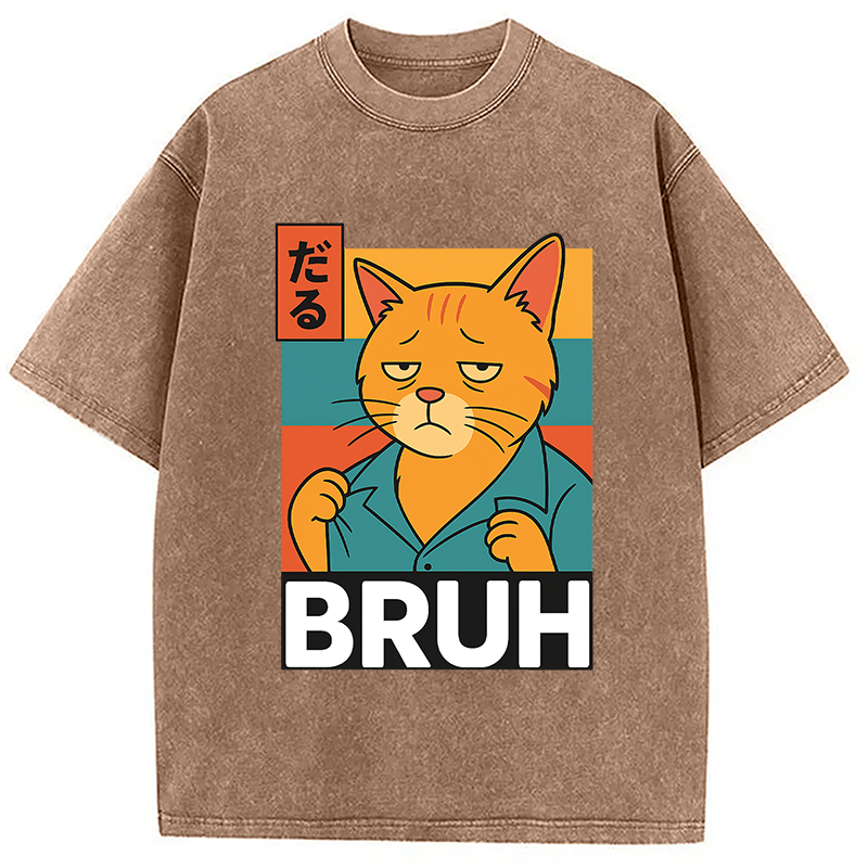 Modecanvas Funny Cat Bruh Meme Washed T-Shirt