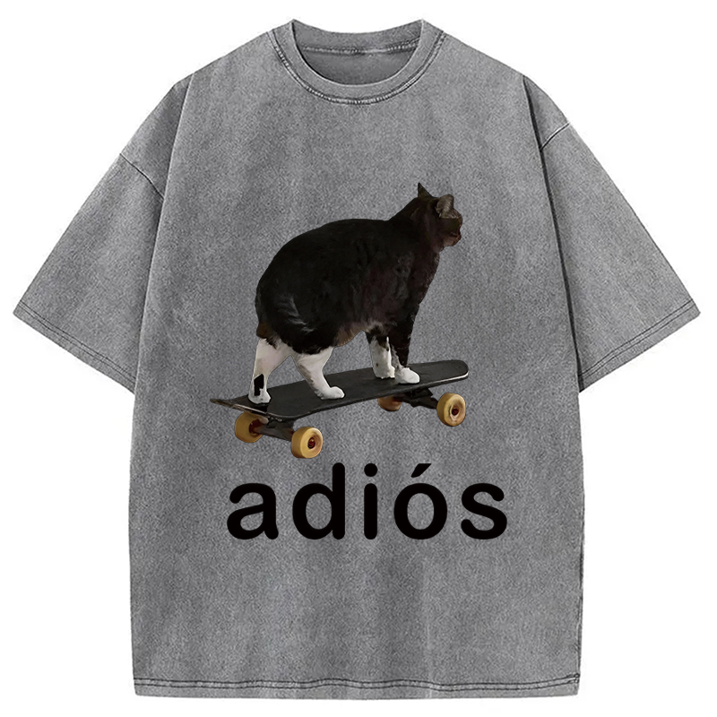 Modecanvas Adios Funny Cat Meme DTG Printing Washed T-Shirt