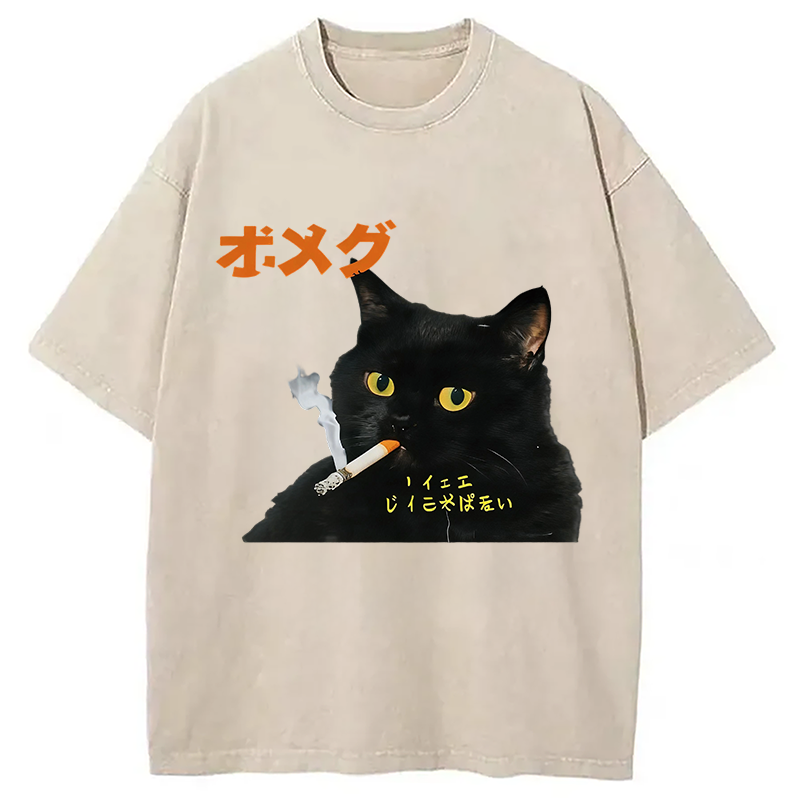 Modecanvas Smoking Cat Japanese DTG Printing Washed T-Shirt
