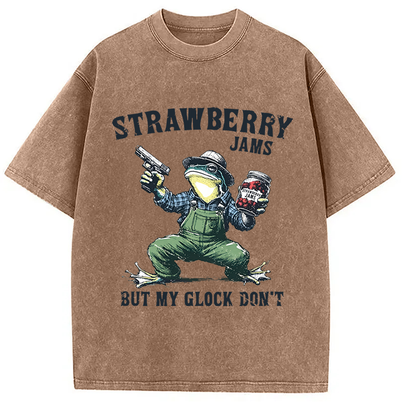 Modecanvas Funny Strawberry Frog Meme DTG Printing Washed T-Shirt