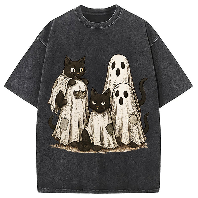 Modecanvas Funny Black Cats Ghost Washed T-Shirt