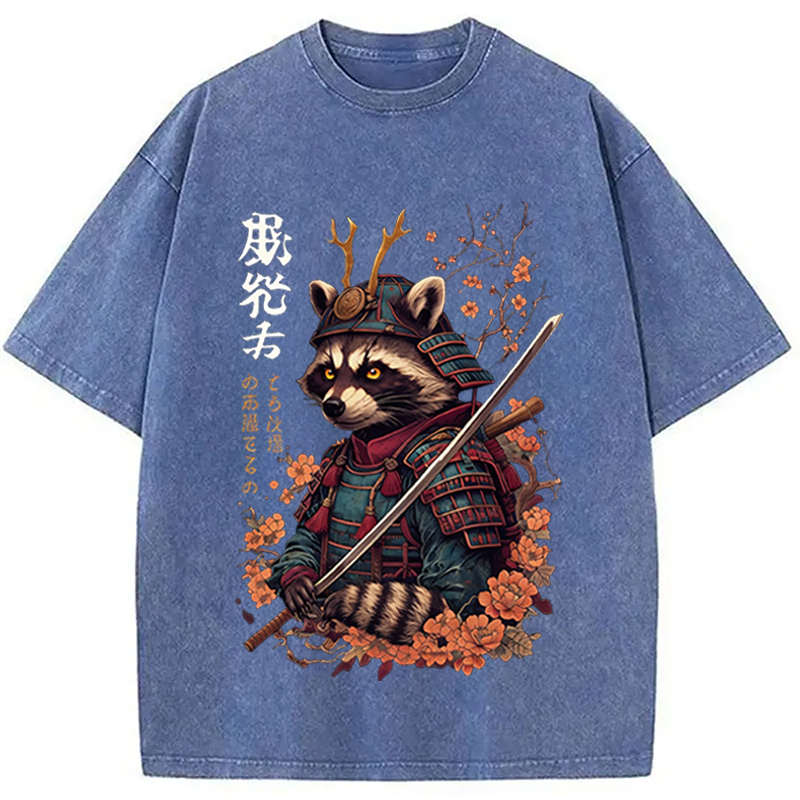 Modecanvas Japanese Raccoon Art DTG Printing Washed T-Shirt-modecanvas