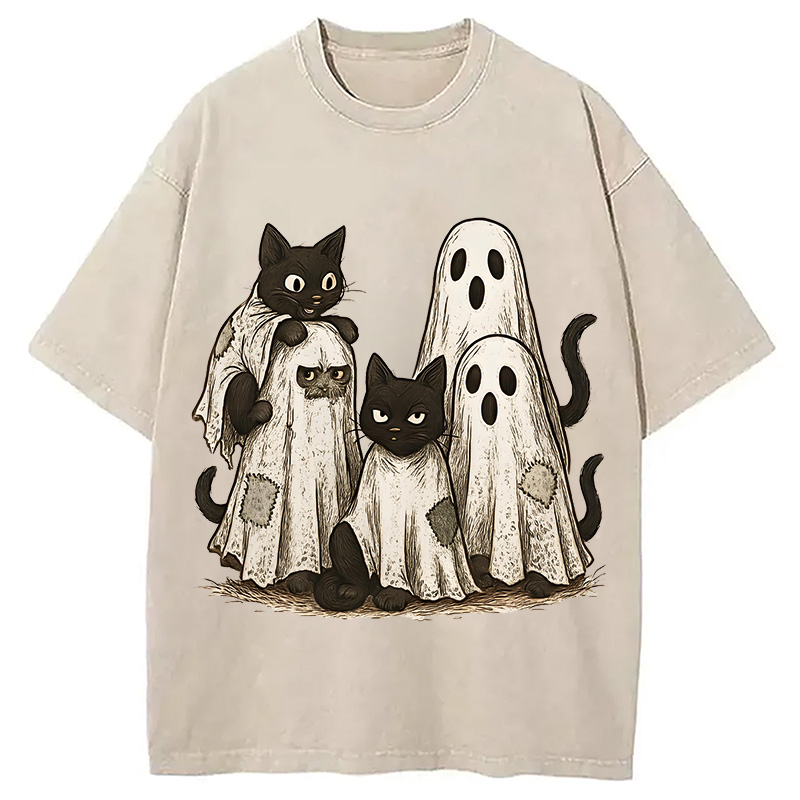 Modecanvas Funny Black Cats Ghost Washed T-Shirt