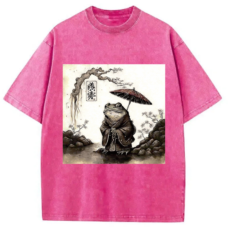 Modecanvas Rainy Day Frog DTG Printing Washed T-Shirt-modecanvas