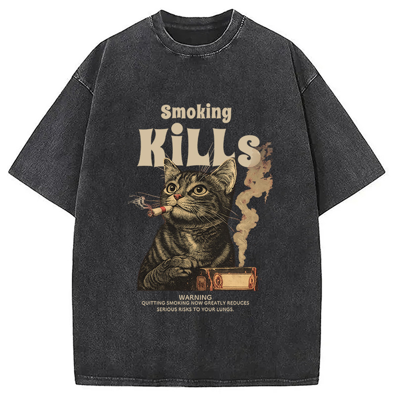 Modecanvas Smoking Mills Cat Meme Washed T-Shirt-modecanvas