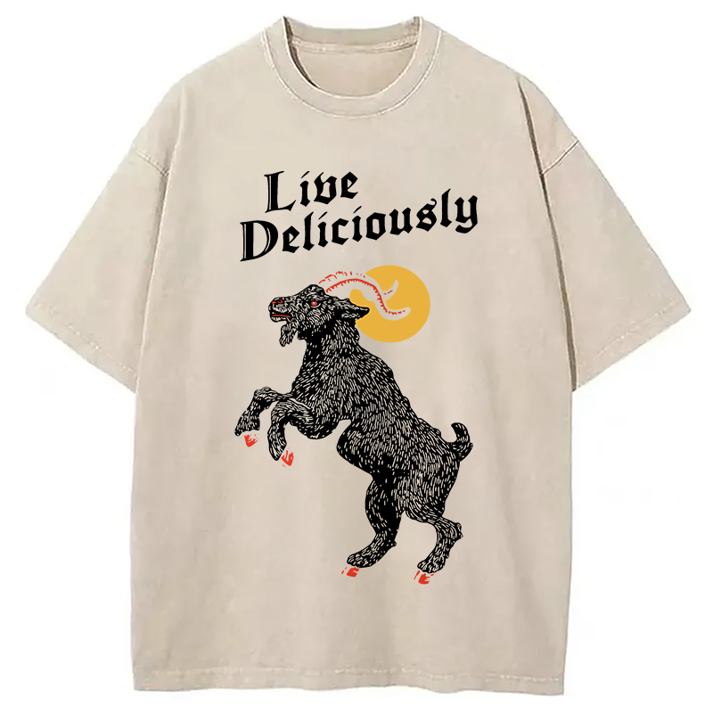 Modecanvas Black Philip Live Deliciously DTG Printing Washed T-Shirt