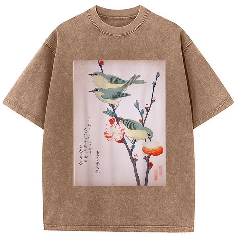 Modecanvas Japanese Art Birds on Cherry Blossom Washed T-Shirt