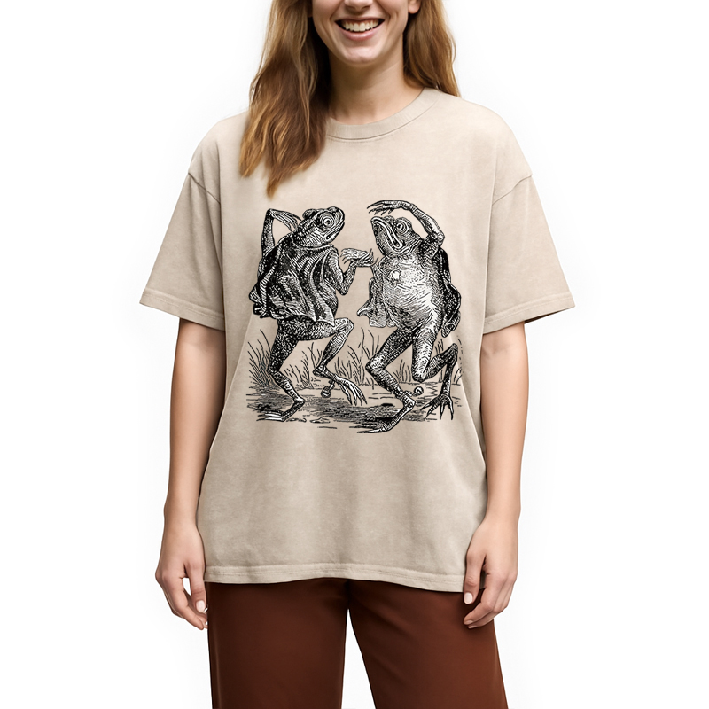 Modecanvas Dancing Frog Japanese DTG Printing Washed T-Shirt-modecanvas