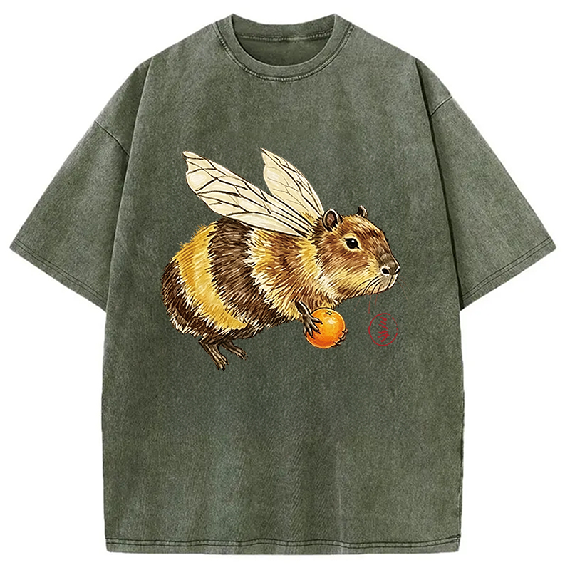 Modecanvas Funny Capybara Bee Meme DTG Printing Washed T-Shirt