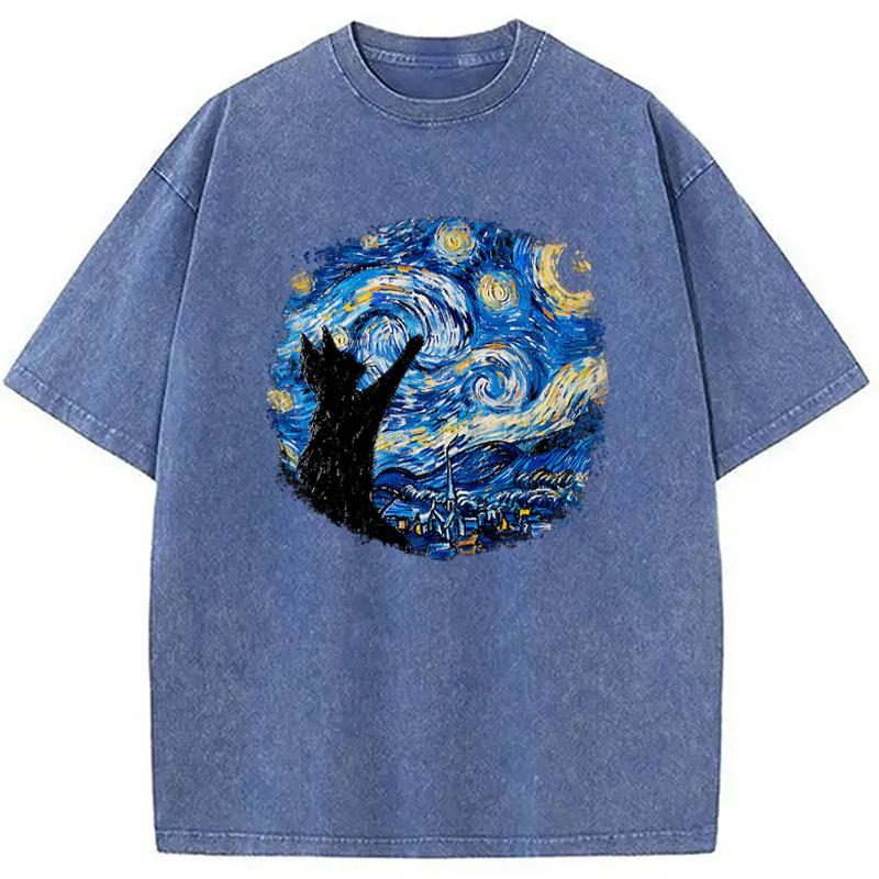 Modecanvas Starry Night Cat Washed T-Shirt