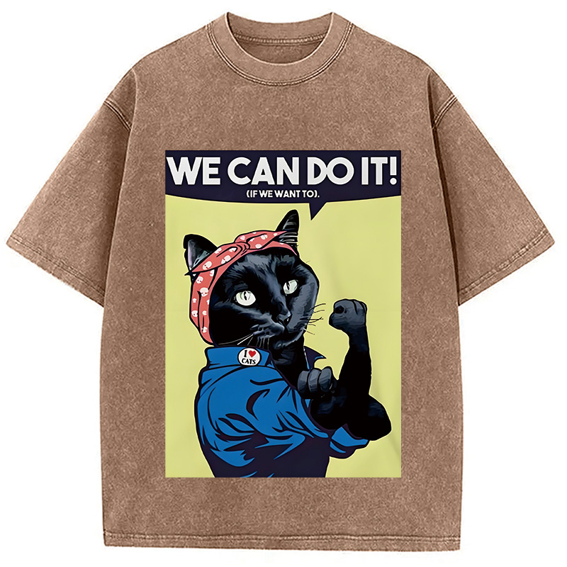 Modecanvas We Can Do It Moew Black Cat Washed T-Shirt
