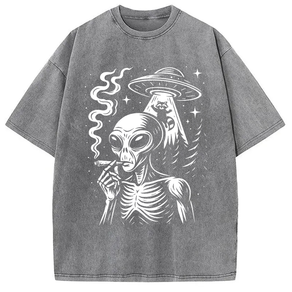 Modecanvas Stoner Alien UFO Raccoon DTG Printing Washed T-Shirt-modecanvas