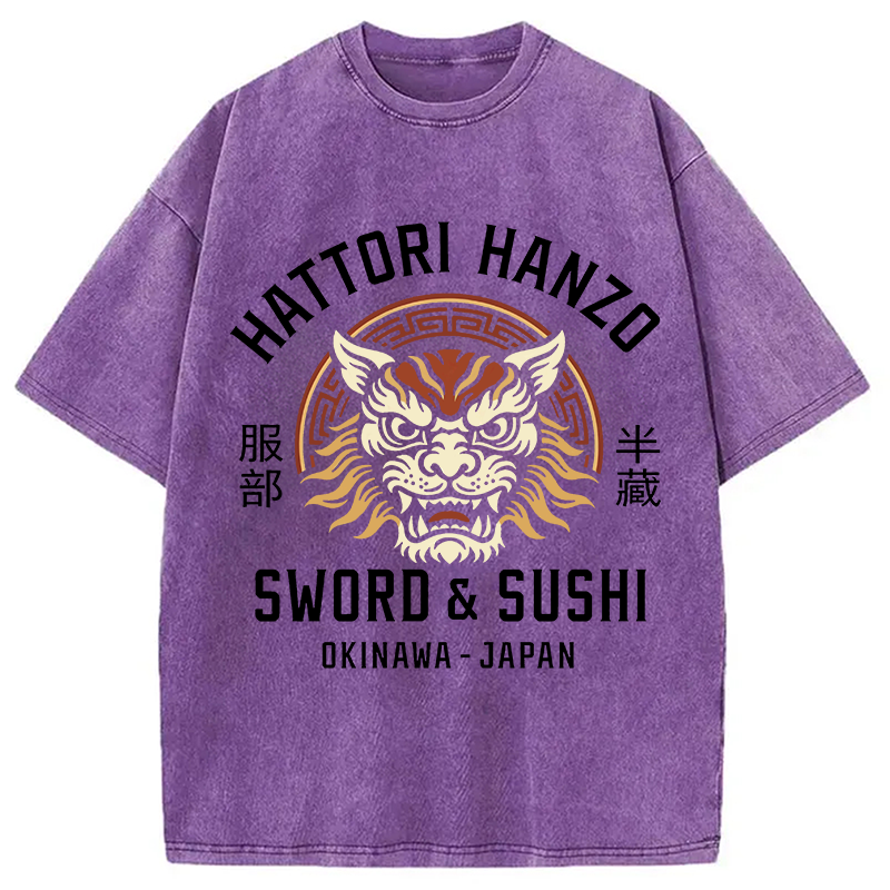 Modecanvas Hattori Lion Japanese Samurai DTG Printing Washed T-Shirt