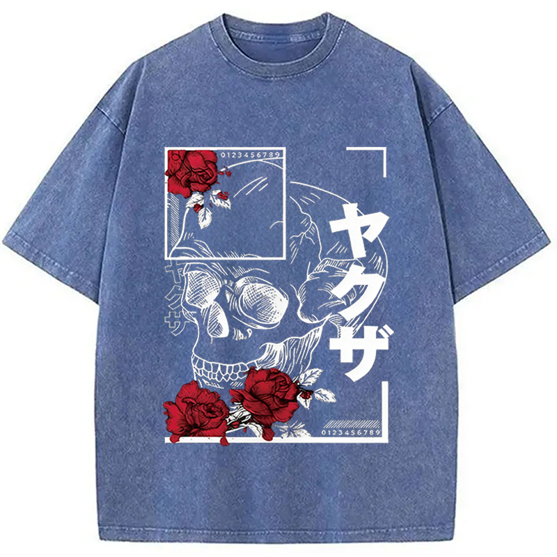 Modecanvas Skull Red Roses DTG Printing Washed T-Shirt-modecanvas