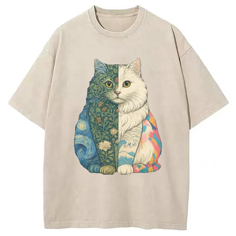 Modecanvas Van Gogh Art Cat Washed T-Shirt