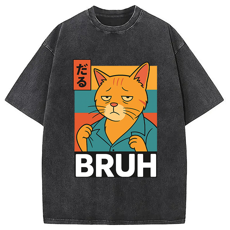 Modecanvas Funny Cat Bruh Meme Washed T-Shirt