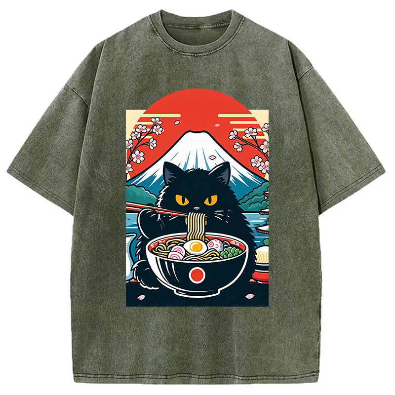 Modecanvas Black Cat Having Ramen Mount Fuji DTG Printing Washed T-Shirt