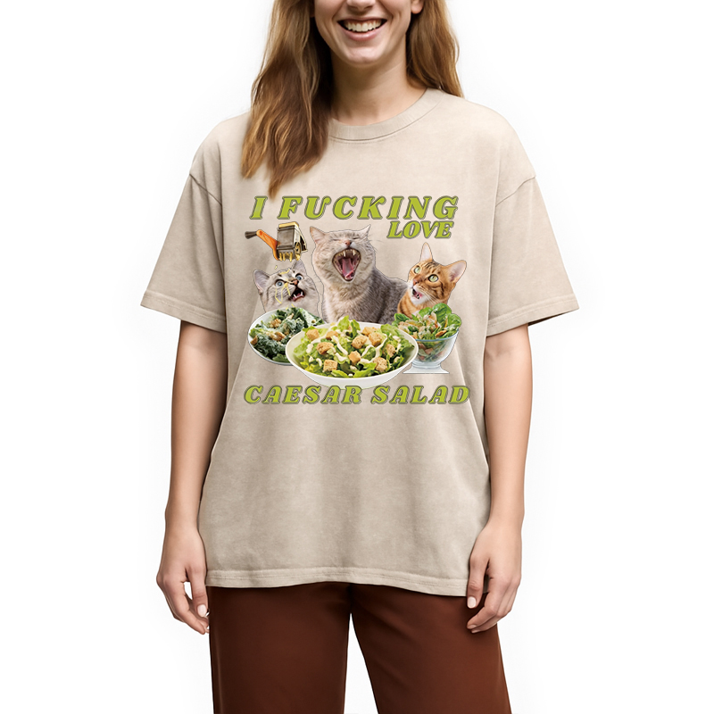 Modecanvas I Fucking Love Caesar Salad Cat Meme DTG Printing Washed T-Shirt