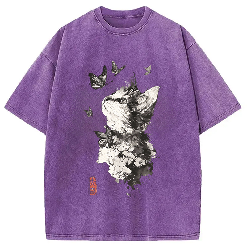 Modecanvas Butterfly and Cat Gaze DTG Printing Washed T-Shirt-modecanvas