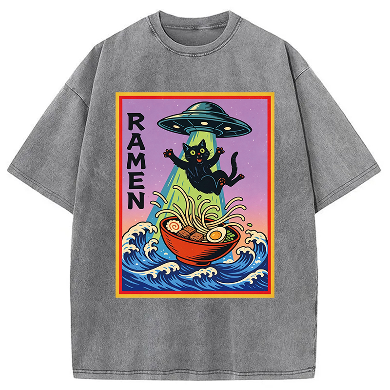 Modecanvas UFO Catching the Ramen Black Cat DTG Printing Washed T-Shirt