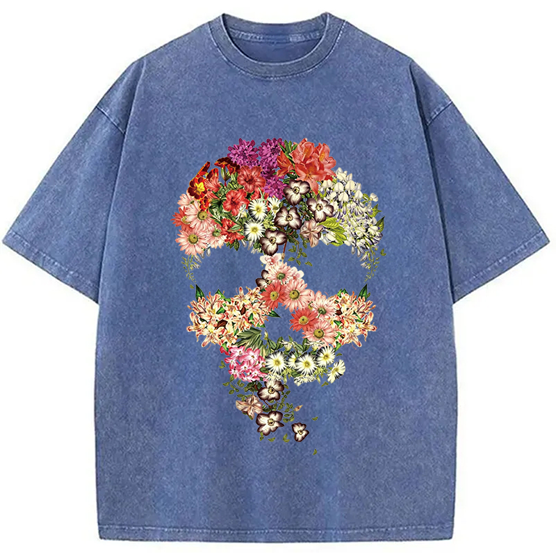Modecanvas Skull Floral DTG Printing Washed T-Shirt