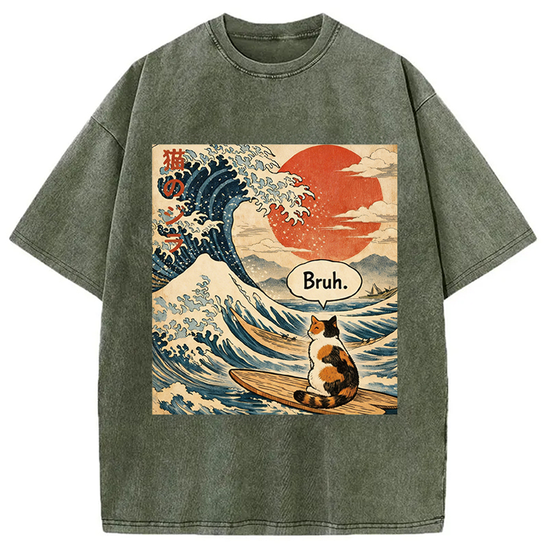 Modecanvas Bruh. The Great Wave Japanese Surfing Cat DTG Printing Washed T-Shirt