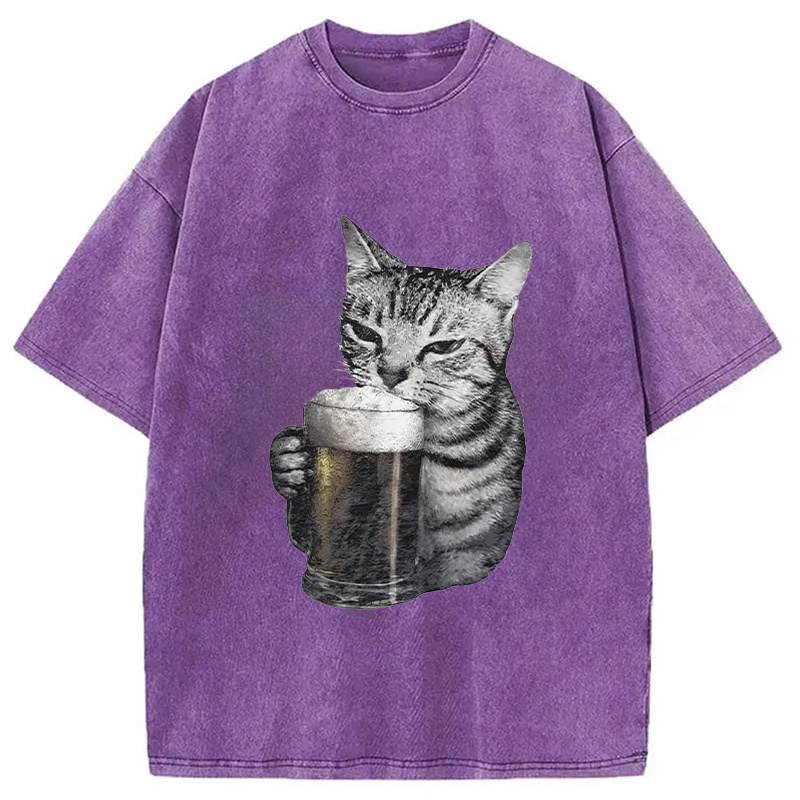 Modecanvas Cheers With The Cat Washed T-Shirt-modecanvas