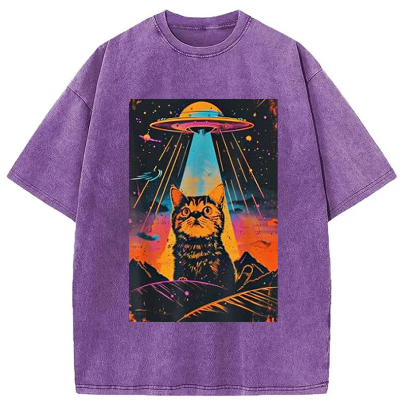 Modecanvas Catzilla Vintage Funny Cute Cat Washed T-Shirt-modecanvas